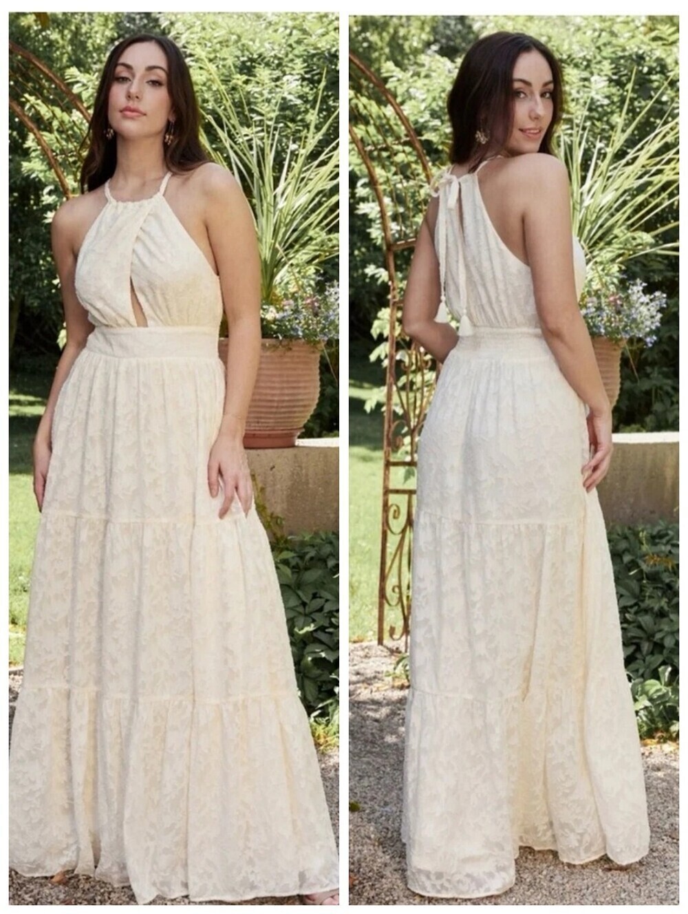 Baltic Born Eilish Cream Embossed Haltee Cutout Maxi Dress